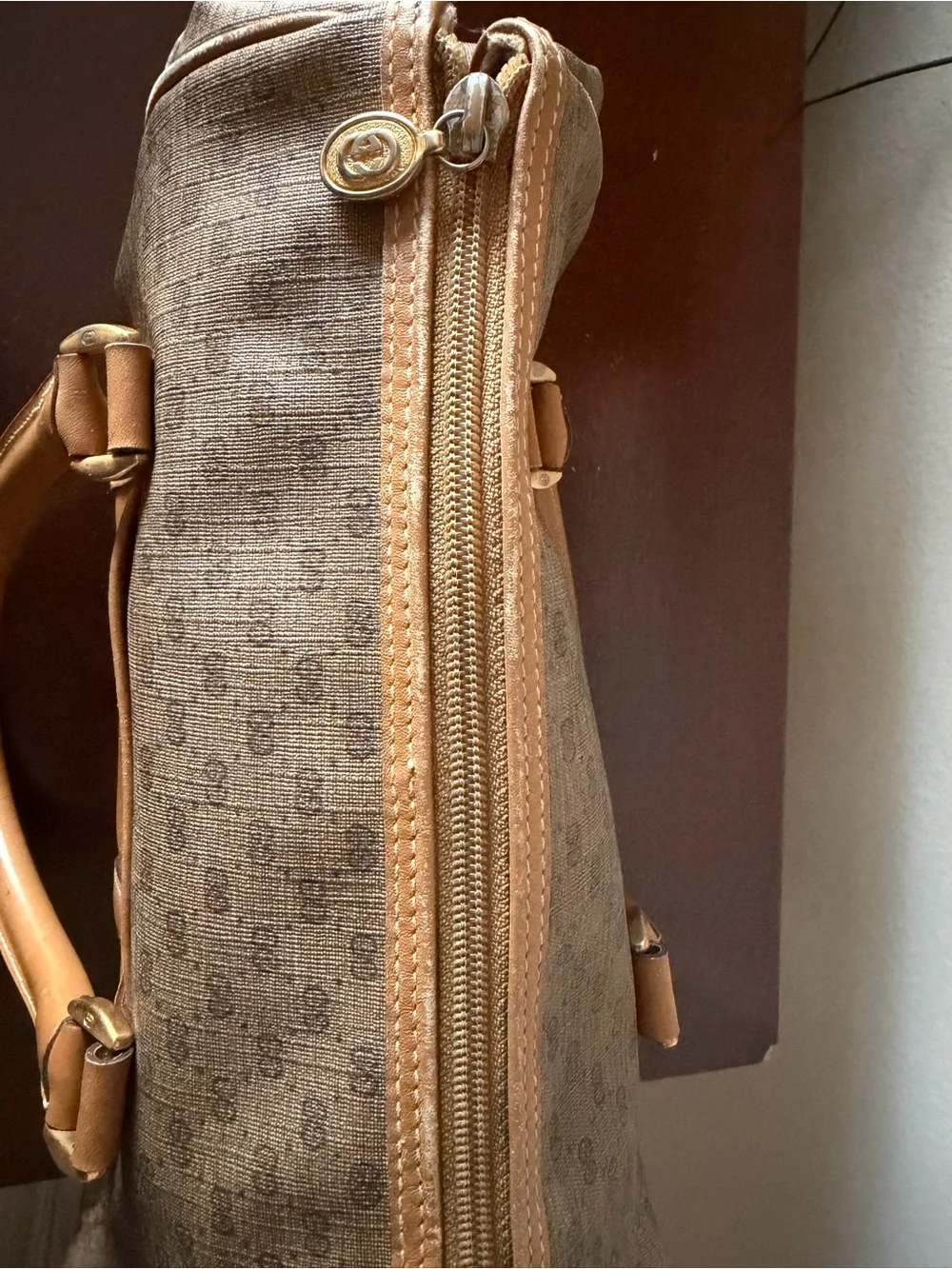 Vintage Gucci Micro GG Supreme Mini Boston Bag. Beige and gold PVC leather